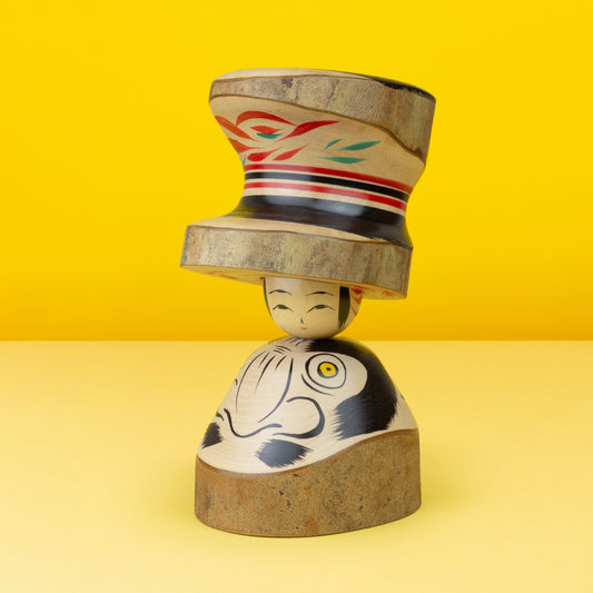 Camellia Hat Daruma Ejiko | Natural Wood Kokeshi | One of a Kind