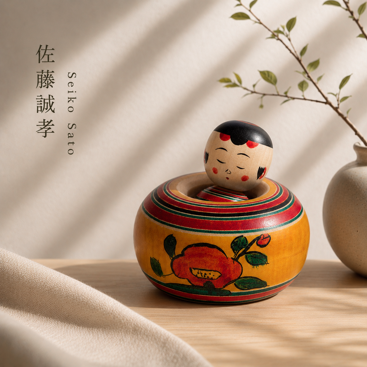 Ejiko-Kokeshi – Camellia and Chrysanthemum – Yajiro Tradition