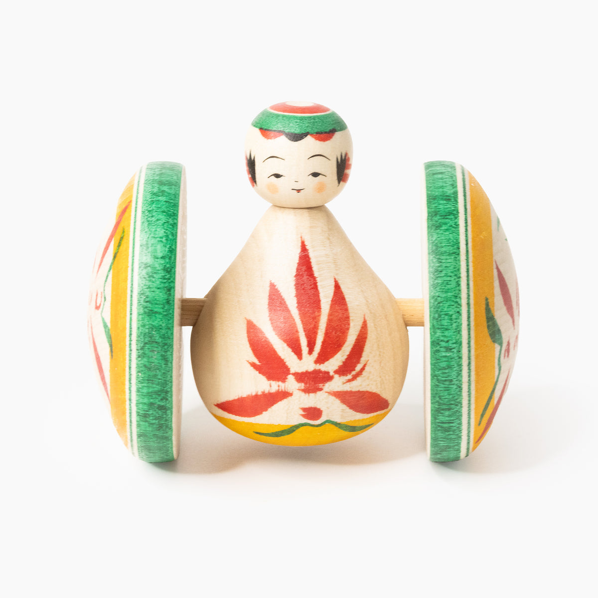 Front view of the Fuku Kuruma with red chrysanthemum and two wooden wheels